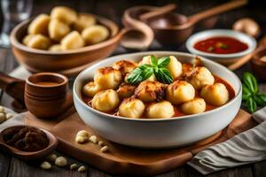 italiano comida con albóndigas en tomate salsa en un de madera mesa. generado por ai foto