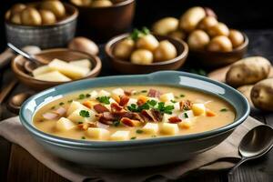a bowl of potato soup with bacon and potatoes. AI-Generated photo