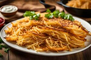 a plate of potato pancakes with sauce and garnish. AI-Generated photo