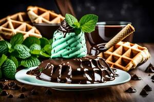 chocolate hielo crema con menta hojas en un gofre. generado por ai foto