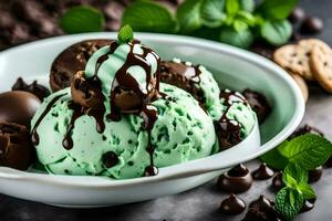 chocolate mint ice cream in a bowl with cookies and mint leaves. AI-Generated photo