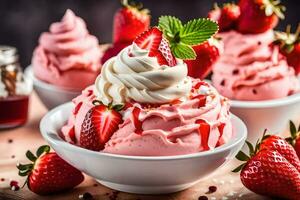 strawberry ice cream with whipped cream and fresh strawberries. AI-Generated photo