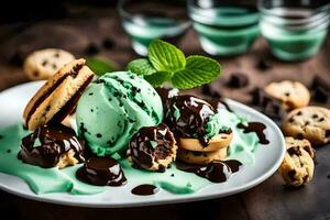 ice cream with cookies and mint. AI-Generated photo