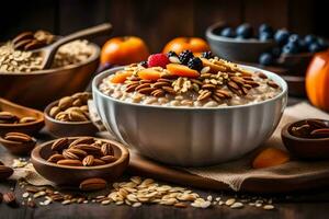 a bowl of oatmeal with fruit and nuts on a wooden table. AI-Generated photo