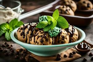 chocolate chip ice cream with mint leaves and chocolate chips. AI-Generated photo