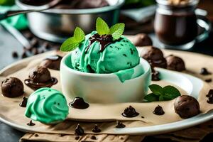 menta chocolate hielo crema con menta hojas y chocolate pelotas. generado por ai foto