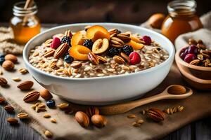 oatmeal with nuts and dried fruits in a bowl. AI-Generated photo