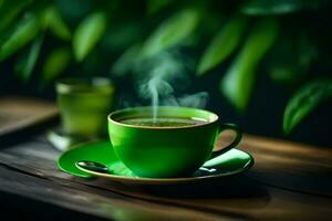 un taza de verde té en un de madera mesa. generado por ai foto