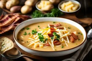 a bowl of potato soup with cheese and ham. AI-Generated photo