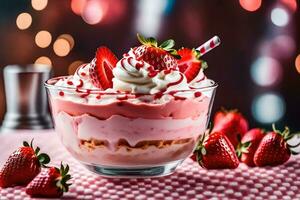 un postre con fresas y azotado crema. generado por ai foto