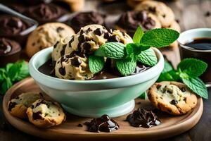 chocolate chip Galleta hielo crema con menta hojas y galletas. generado por ai foto