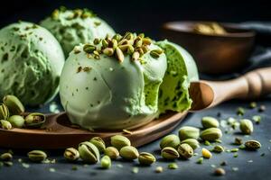 pistachio ice cream with pistachios and nuts. AI-Generated photo