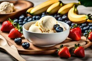 a bowl of ice cream with strawberries, blueberries and bananas. AI-Generated photo