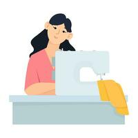 Nice young woman sitting at the table with a sewing machine vector