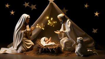 ai generativo Navidad iluminado por las estrellas natividad escena diorama retratar el historia de Jesús nacimiento foto