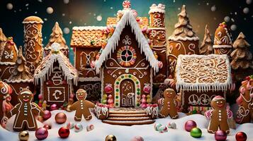 ai generative Beautifully decorated gingerbread house with colorful decorations photo