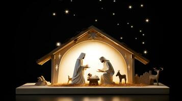 ai generativo Navidad iluminado por las estrellas natividad escena diorama retratar el historia de Jesús nacimiento foto