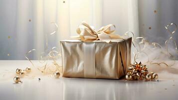 ai generative  Beautifully wrapped christmas gift, present in multiple colors with beautiful backgrounds to elevate them photo