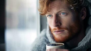 AI generated Beautiful model in cozy clothing looking outside the window to a winter scene with a cup of hot coffee photo