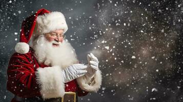 ai generativo cerca arriba retrato de Papa Noel cláusula con blanco barba y nieve que cae foto