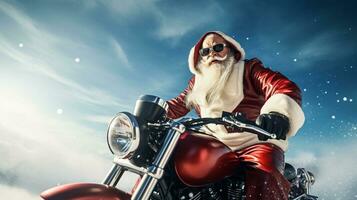 ai generative  Cool biker santa with sunglasses on a motorbike photo