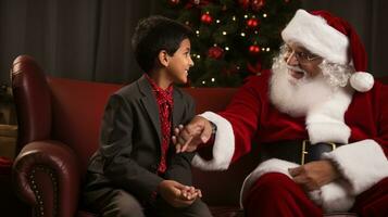 ai generative Children of different ethnicity meeting santa with a bokeh filled background photo