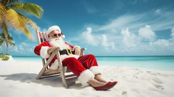 ai generativo Papa Noel en vacaciones relajante en un tropical playa foto