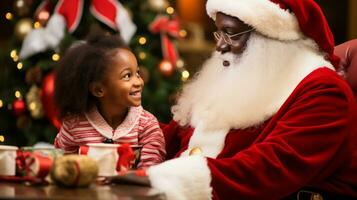 ai generativo niños de diferente etnia reunión Papa Noel con un bokeh lleno antecedentes foto