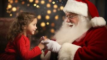 ai generative Children of different ethnicity meeting santa with a bokeh filled background photo