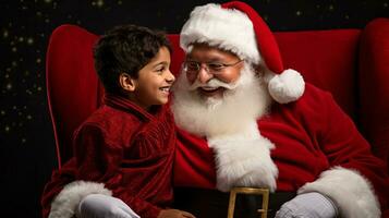 ai generativo niños de diferente etnia reunión Papa Noel con un bokeh lleno antecedentes foto