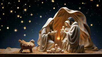 ai generativo Navidad iluminado por las estrellas natividad escena diorama retratar el historia de Jesús nacimiento foto