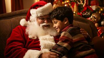 ai generative Children of different ethnicity meeting santa with a bokeh filled background photo