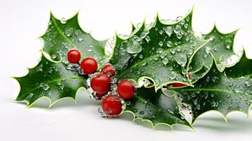 ai generative Close up of Crisp Holly Leaves with ice and red berry photo