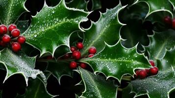 ai generativo cerca arriba de crujiente acebo hojas con hielo y rojo baya foto