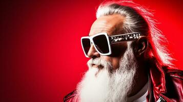 ai generativo cerca arriba retrato de frio hipster Papa Noel con sombras, Gafas de sol foto