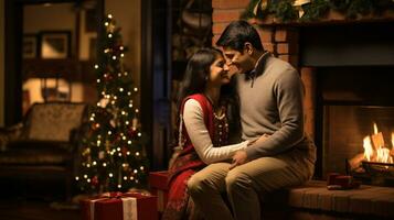 ai generative Couples of different ethnicity, gender and orientation, exchanging christmas gifts in warm decorated home photo