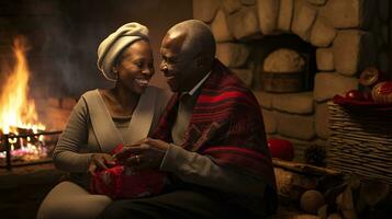 ai generative Couples of different ethnicity, gender and orientation, exchanging christmas gifts in warm decorated home photo