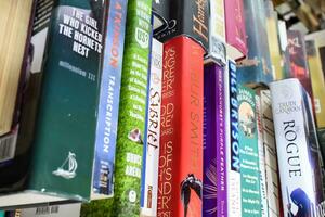 New Delhi, India, September 09 2023 - Variety of Books on shelf inside a book-stall at Delhi International Book Fair, Selection of books on display in Annual Book Fair. photo