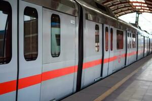 New Delhi India - October 09 2023 - Delhi Metro train arriving at Jhandewalan metro station in New Delhi, India, Asia, Public Metro departing from Jhandewalan station photo