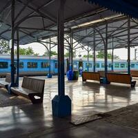 Kalka, Haryana, India May 14 2023 - View of Kalka railway station from where Toy train runs from Kalka Shimla route during daytime, Toy train station platform, Indian Railway junction, Heavy industry photo