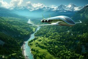 AI generated Sustainable aviation fuel concept. Airplane flying above green mountains and river. Net zero emissions flight. Eco-friendly aviation fuel. Air travel. Sustainability transportation. photo