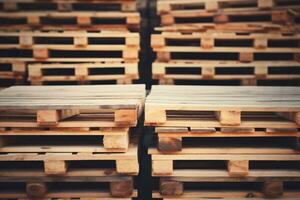 Stack of wooden pallet. Industrial wood pallet at factory warehouse. Cargo and shipping. Sustainability of supply chains. Eco-friendly and sustainable properties. Renewable wood pallet. Generative AI. photo
