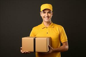 Delivery man employee in yellow cap and yellow uniform hold empty cardboard box on dark background. Delivery courier service. Smiling young man postal delivery man delivering package. Generative AI. photo