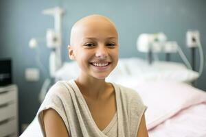 Happy cancer patient. Smiling girl after chemotherapy treatment at hospital oncology department. Leukemia cancer recovery. Cancer survivor. Portrait of a smiling bald cute teen girl. Generative AI. photo