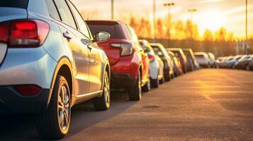 Car parked at outdoor parking lot. Used car for sale and rental service. Car insurance background. Automobile parking area. Car dealership and dealer agent concept. Automotive industry. Generative AI. photo