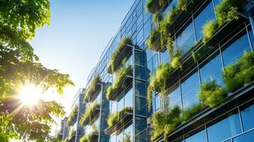 Eco-friendly building in the modern city. Sustainable glass office building with tree for reducing carbon dioxide. Office building with green environment. Corporate building reduce CO2. Generative AI photo