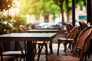 Outdoor table of coffee cafe and restaurant. Summer terrace on city street. Empty outside tables and chairs of outdoor cafe on blur green garden. Cozy outdoor zone cafe and restaurant. Generative AI. photo