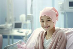 Happy cancer patient. Smiling girl after chemotherapy treatment at hospital oncology department. Leukemia cancer recovery. Cancer survivor. Smiling bald cute girl with a pink headscarf. Generative AI. photo