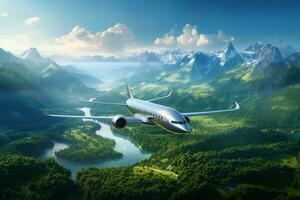 AI generated Sustainable aviation fuel concept. Airplane flying above green mountains and river. Net zero emissions flight. Eco-friendly aviation fuel. Air travel. Sustainability transportation. photo