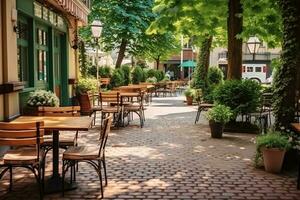 Outdoor table of coffee cafe and reataurant. Summer terrace on city street. Empty outside tables and chairs of outdoor cafe on blur green garden. Cozy outdoor zone cafe and restaurant. Generative AI. photo